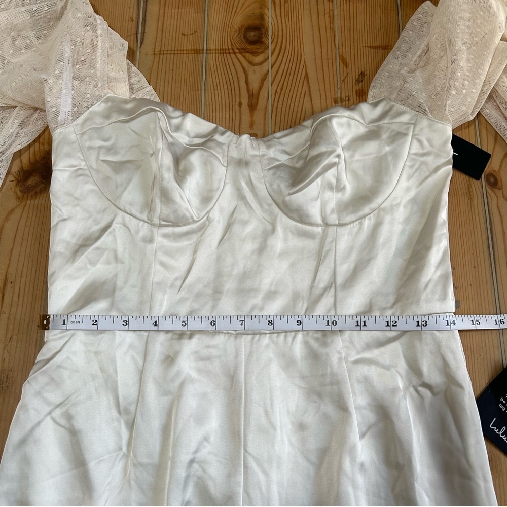 NWOT Lulus Gracefully Modern Ivory Satin Mesh Long Sleeve Bustier Jumpsuit - Picture 6 of 8